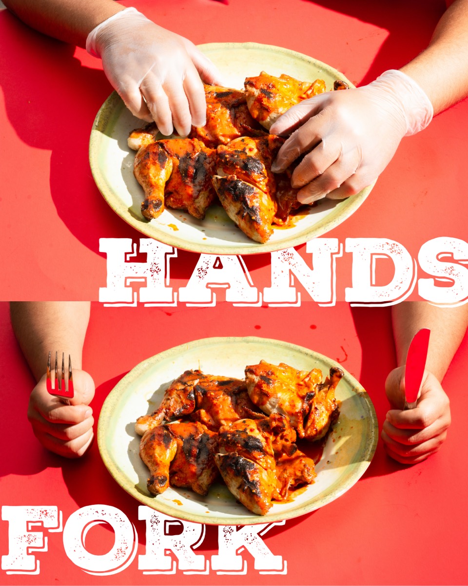 Editorial social graphic pairing hands with grilled chicken