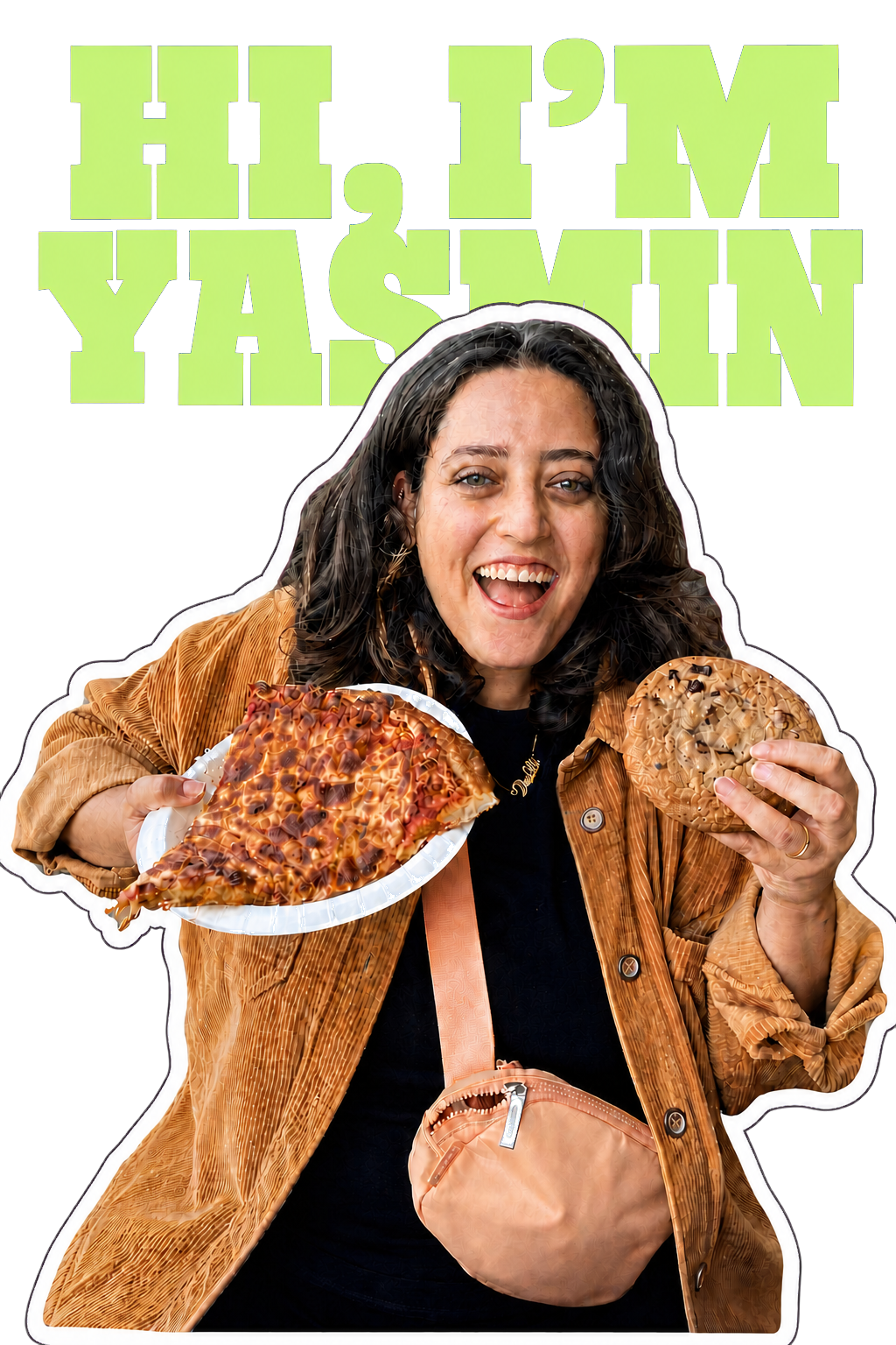 Yasmin Ouf holding a pizza slice and chocolate chip cookie, with a crossbody bag